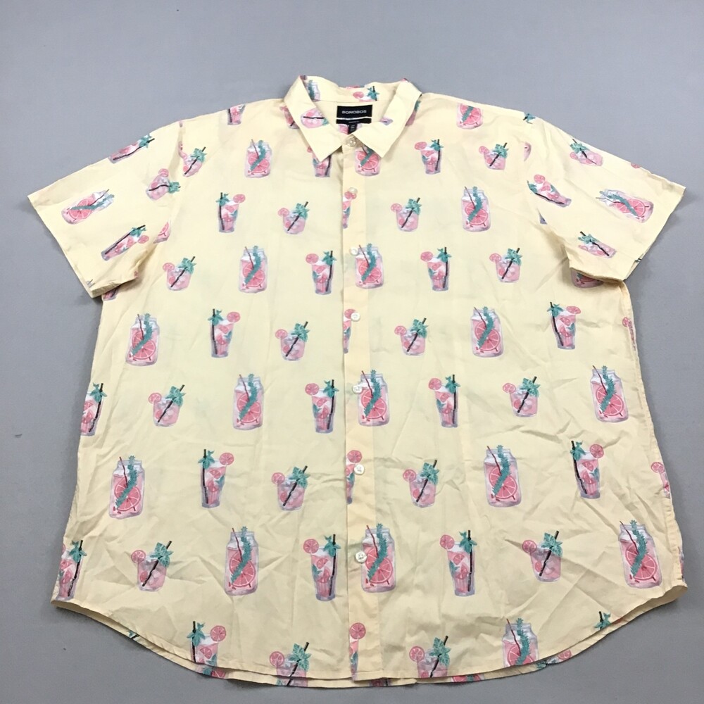 Bonobos Shirt Men 2XL Long Yellow Tropical Cocktai Print Short Sleeve XXL